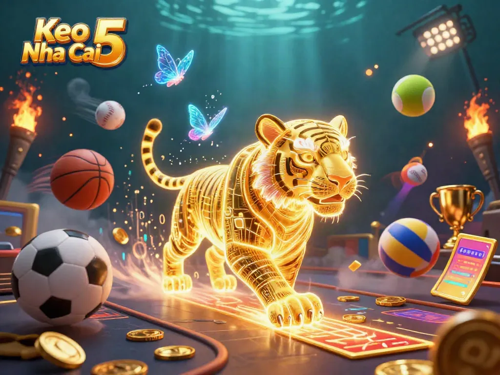 Keo Nha Cai 5 showcases an electric tiger navigating a vibrant sports betting scene.