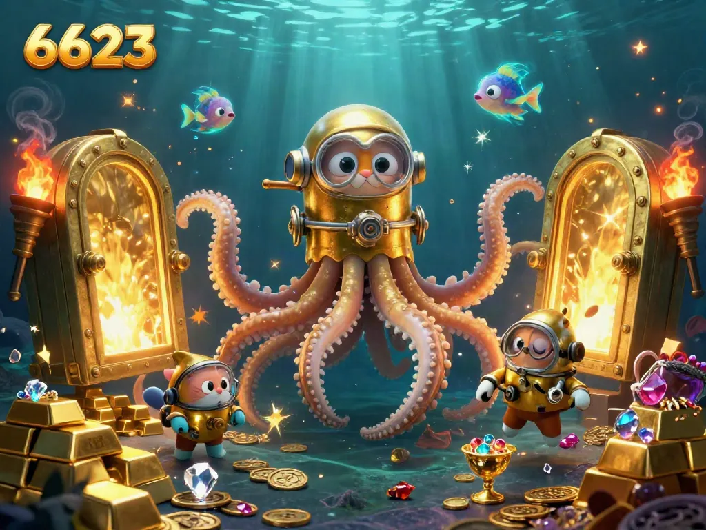 Engage with 6623's exciting underwater adventure featuring a kraken, diving cat, and treasure galore.