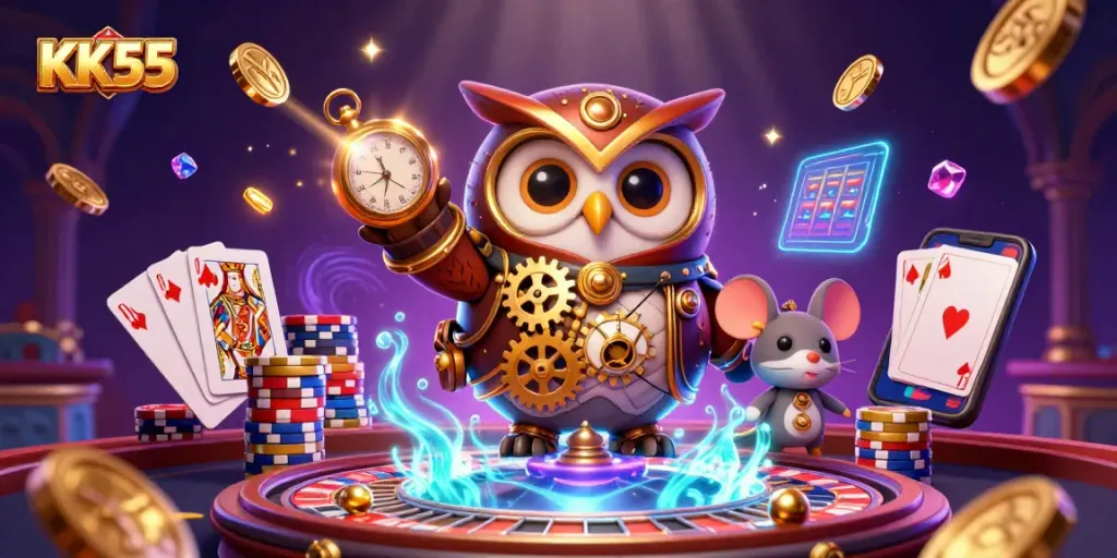 Experience KK55 with vibrant casino elements as golden coins and stunning visuals surround the time-traveler owl.