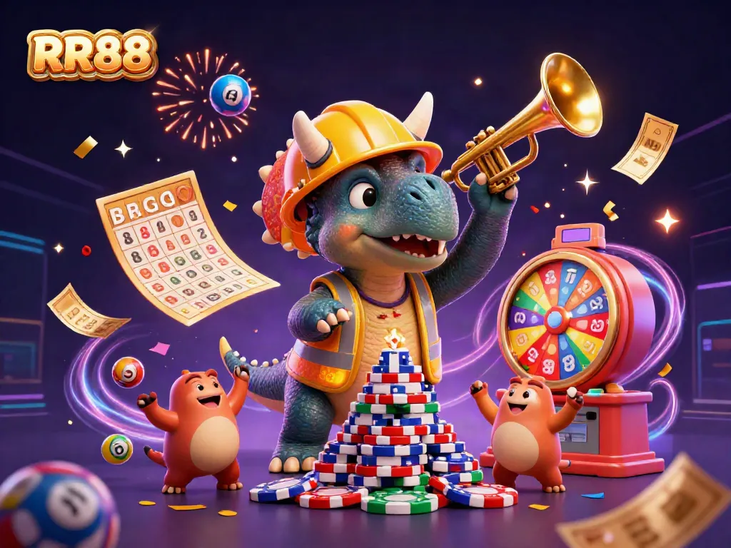 RR88 vibrant scene with a triceratops creating poker chip pyramid amidst lottery excitement, celebrating and cheering energy.