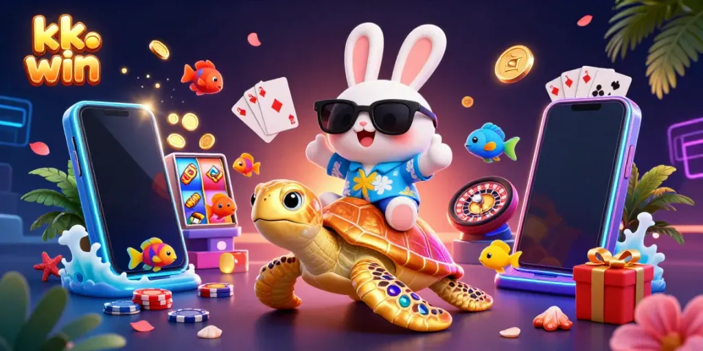 Experience thrilling gaming with kk win, featuring a lucky rabbit and golden turtle amidst casino elements.