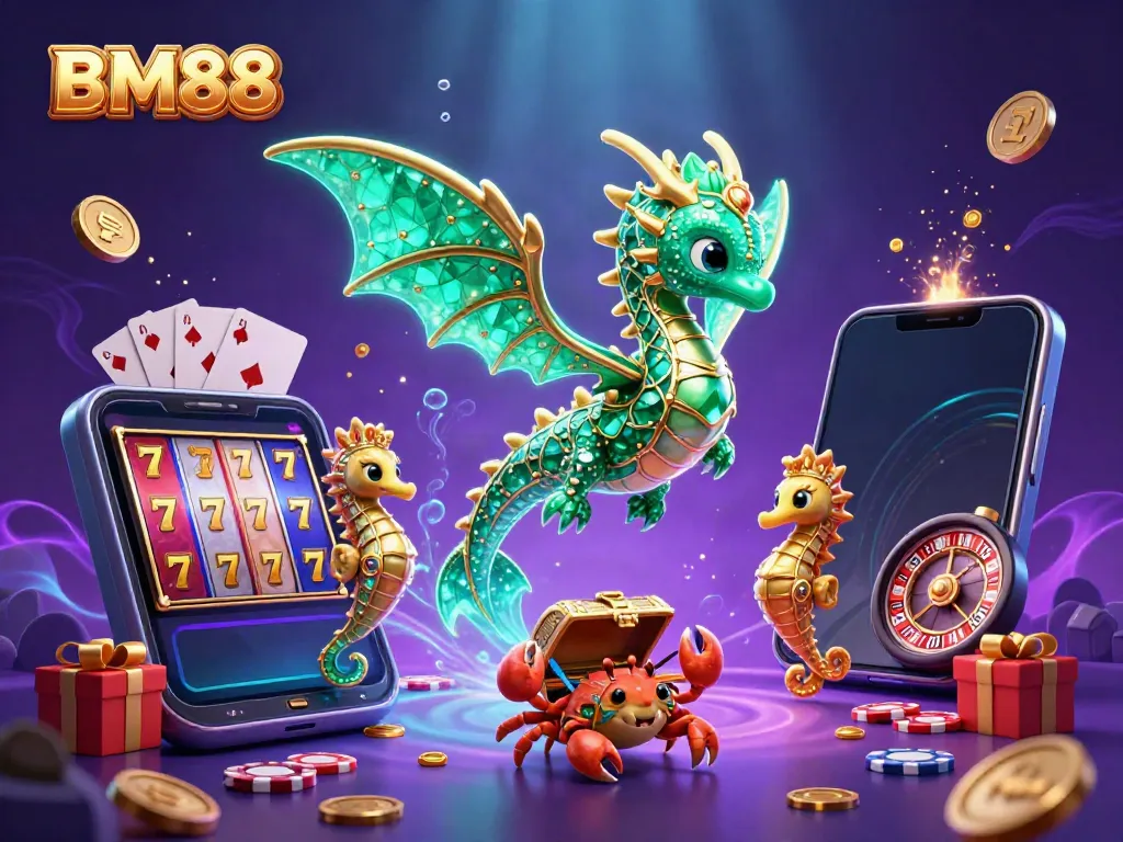 Engage with BM88 gaming adventures using a vibrant scene of a sea dragon and slot games.