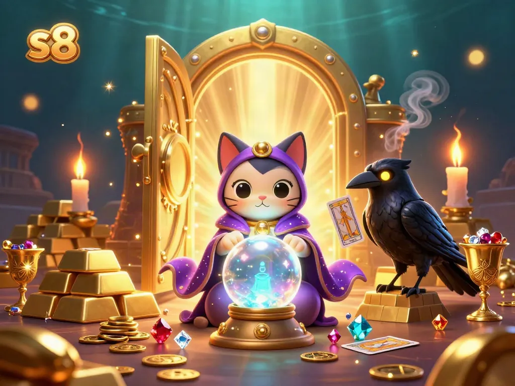 Experience the mystical world of gambling with s8, featuring a fortune teller cat and a glowing-eyed raven.