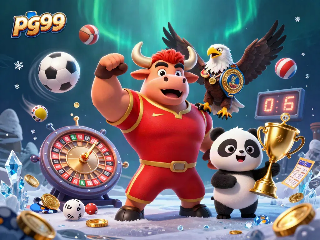 Bet on pg99 with a victorious bull mascot, eagle, and panda celebrating in a colorful casino scene