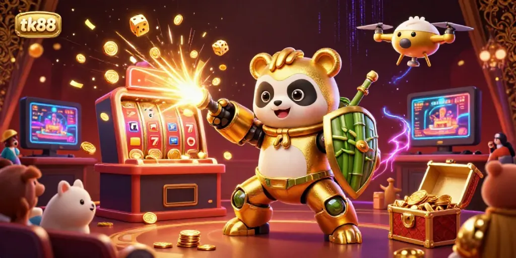 tk88 slots jackpot display with panda mech and dynamic casino scene