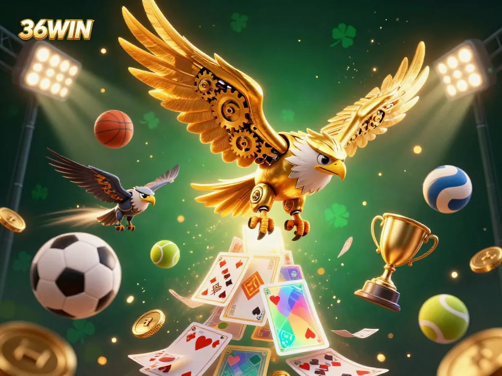 Experience thrilling wins at 36WIN with a dynamic illustration of a cybernetic eagle amidst sports elements.