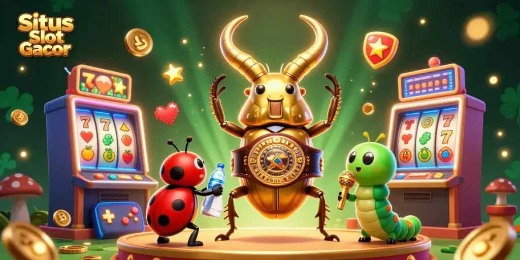 Situs Slot Gacor: Menang di mesin slot dengan simbol buah dan keberuntungan dalam ilustrasi ceria.