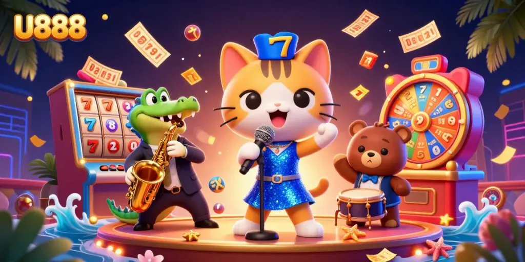 Engage with U888's vibrant casino experience featuring a jazzy cat, a saxophone crocodile, and a drum cub.