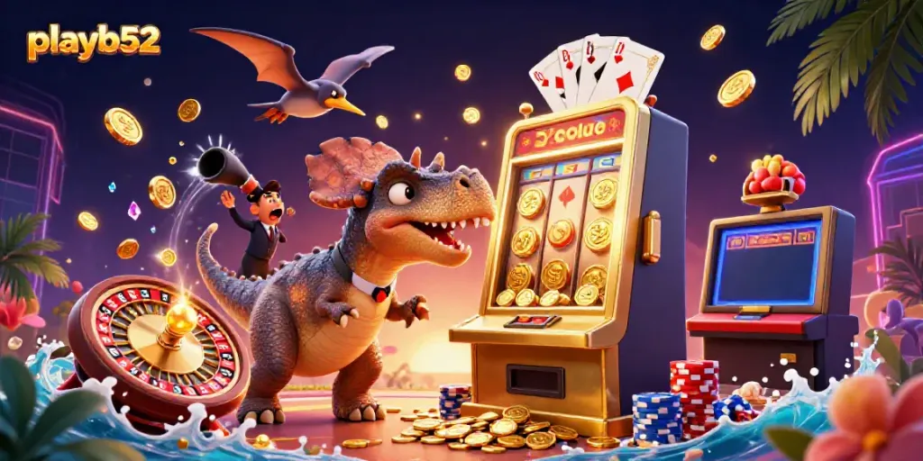 Experience big wins at playb52club as a pachycephalosaurus triggers a slot machine jackpot with flying coins.