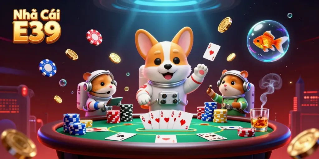 Experience the thrill of gaming at Nhà Cái E39 with animated scenes of exciting casino action.