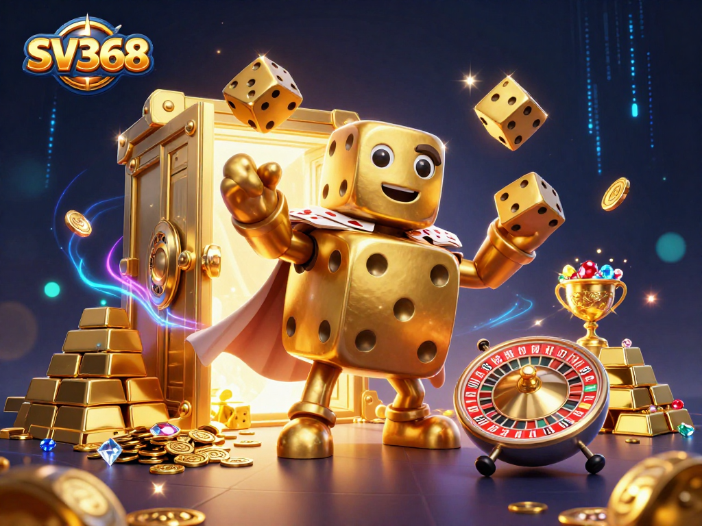 SV368 elevates the excitement with golden dice and stunning casino treasures flowing in a vibrant scene.