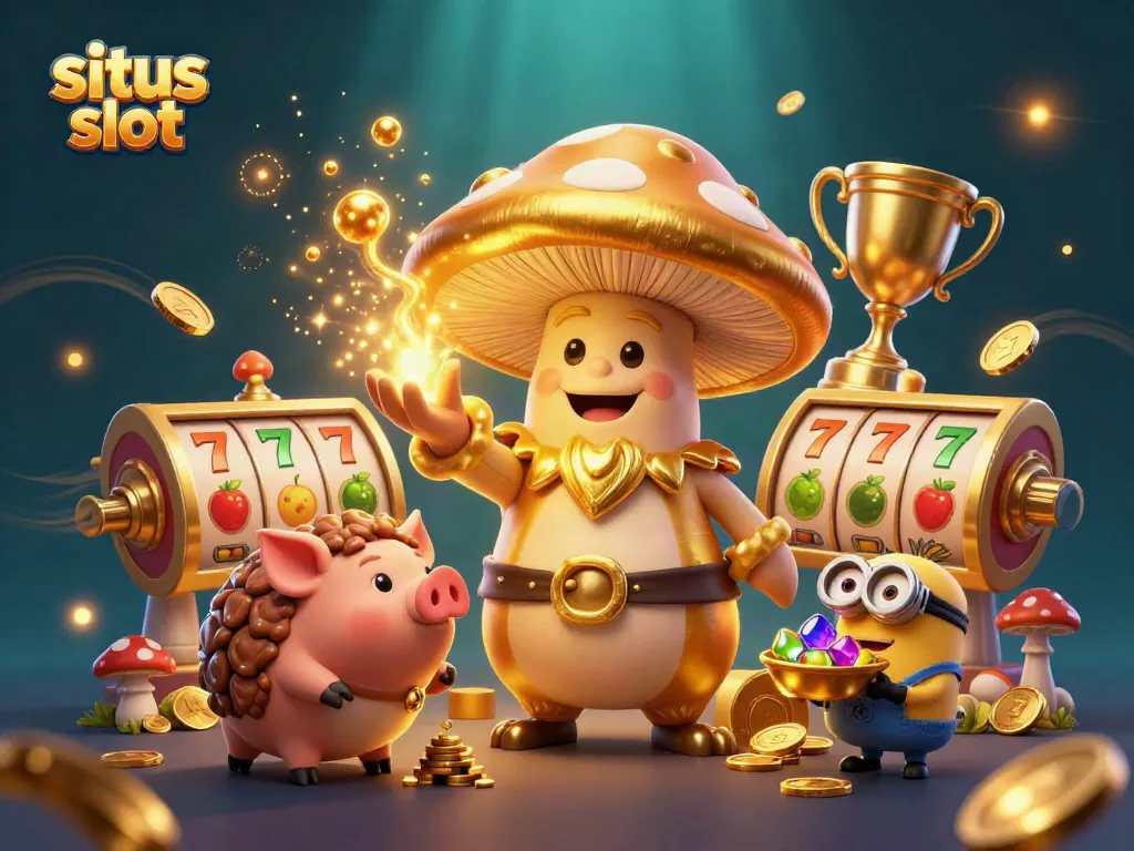 Situs slot showcases a golden mushroom wizard casting magic, with slot reels and gold coins enriching the scene.