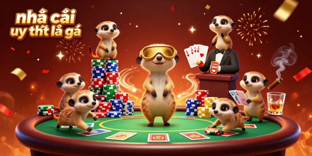 Experience the vibrant hustle of a 3D meerkat casino, showcasing "nhà cái uy tín là gì" in action with colorful poker elements.