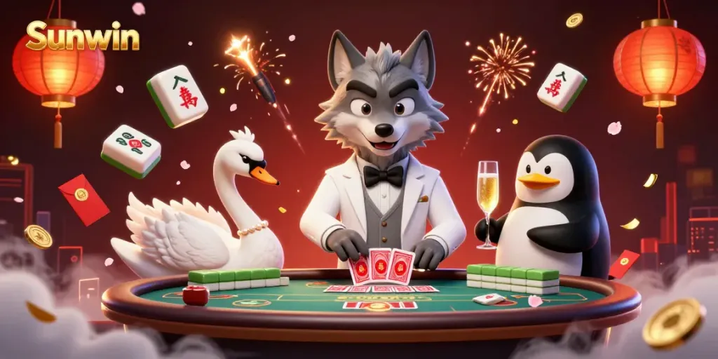 Experience the excitement of Sunwin casino with a 3D wolf, swan, and penguin in a vibrant baccarat scene.