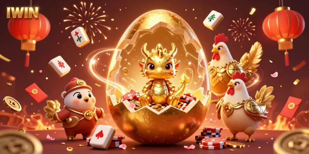IWIN showcases a 3D cartoon scene of a golden dragon emerging from a nest of poker chips surrounded by festive gambling elements.