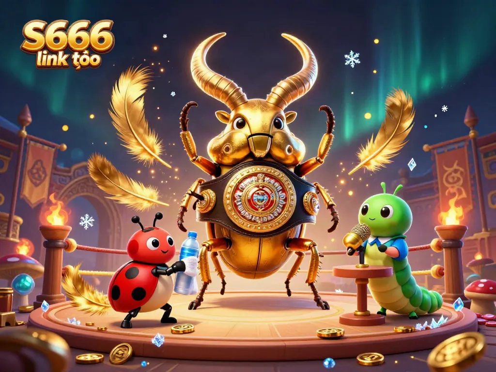 Engage with S666 link vào in this vibrant 3D casino-themed illustration featuring a golden stag beetle boxing champion.