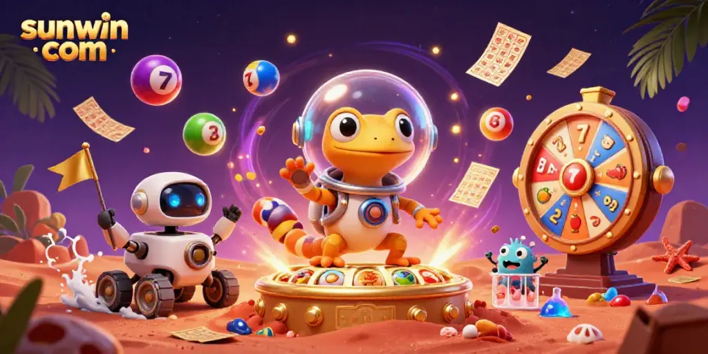 Exciting action depicting sunwin com as a Martian gecko explores a golden casino, surrounded by lottery fun.