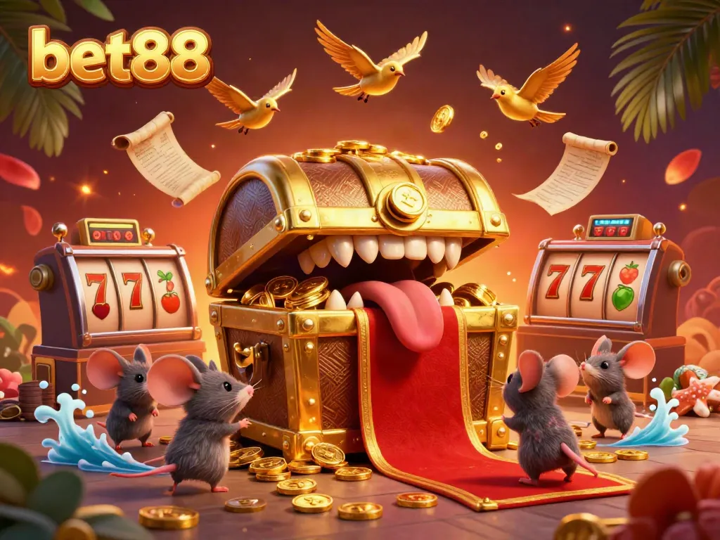 Experience the thrill of play at bet88 with vibrant slot machine reels and a golden treasure chest leading the excitement.
