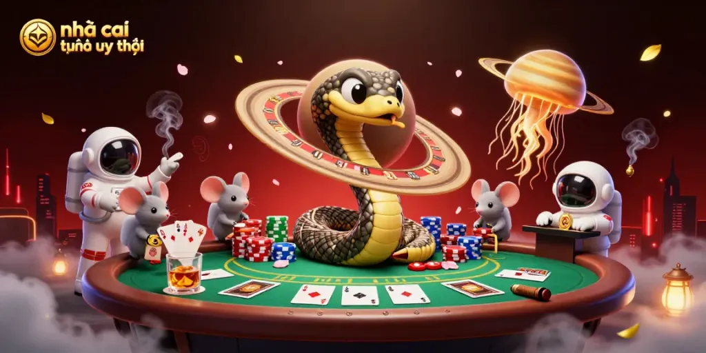Engaging scene of nhà cái trực tuyến uy tín featuring a cosmic roulette and playful astronaut mice betting.