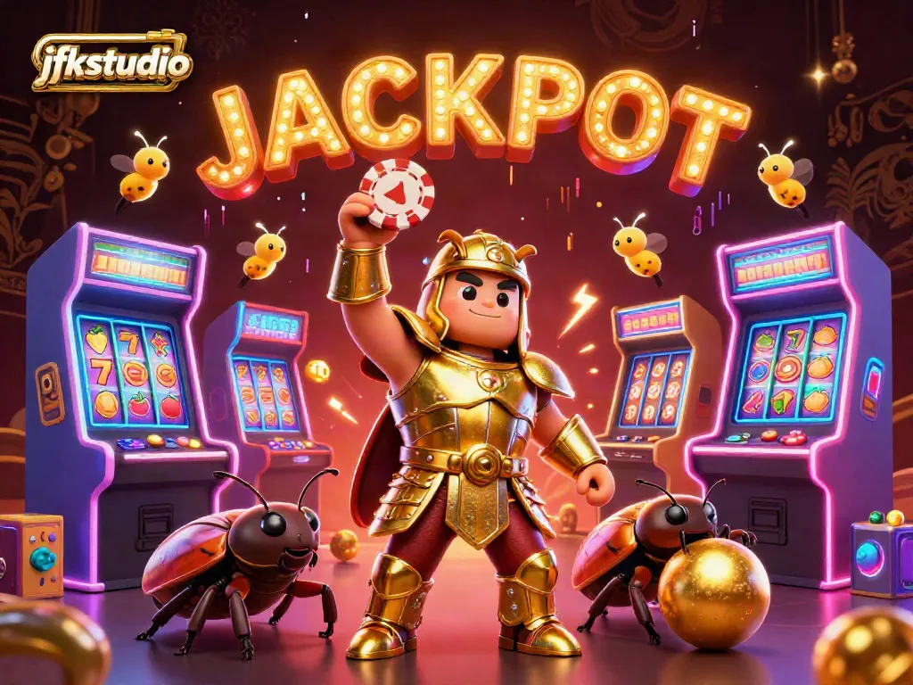 Experience thrilling wins at jfkstudio with a dynamic 3D casino scene showcasing a victorious beetle hero!