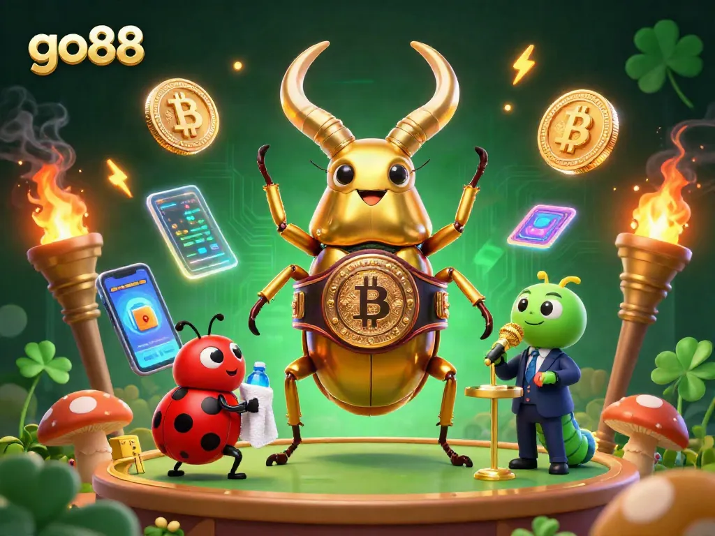 Join the excitement with go88 in a vibrant casino scene featuring a golden stag beetle champion.