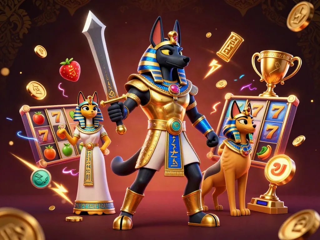 TOP88 showcases a vibrant casino scene with Anubis and Bastet amidst flying slots and golden trophies.