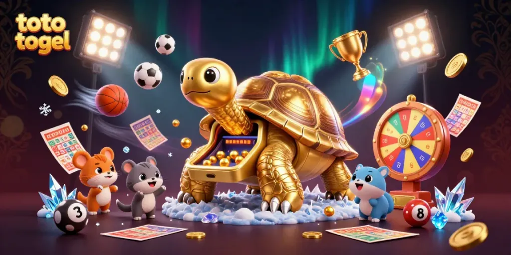 Engage in the thrilling world of toto togel with a golden tortoise pinball machine and surrounded by vibrant lottery elements.