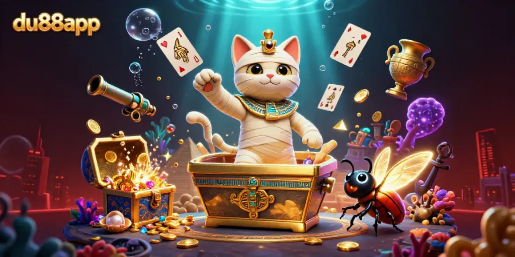 Engage with du88app as the Egyptian mummy cat bursts into a vibrant casino scene filled with glimmering treasures.