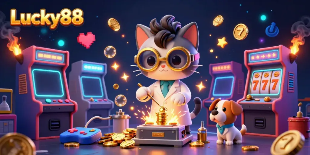 Experience the excitement of Lucky88's casino-themed illustration with mad scientist cat and dog creating gold coins.