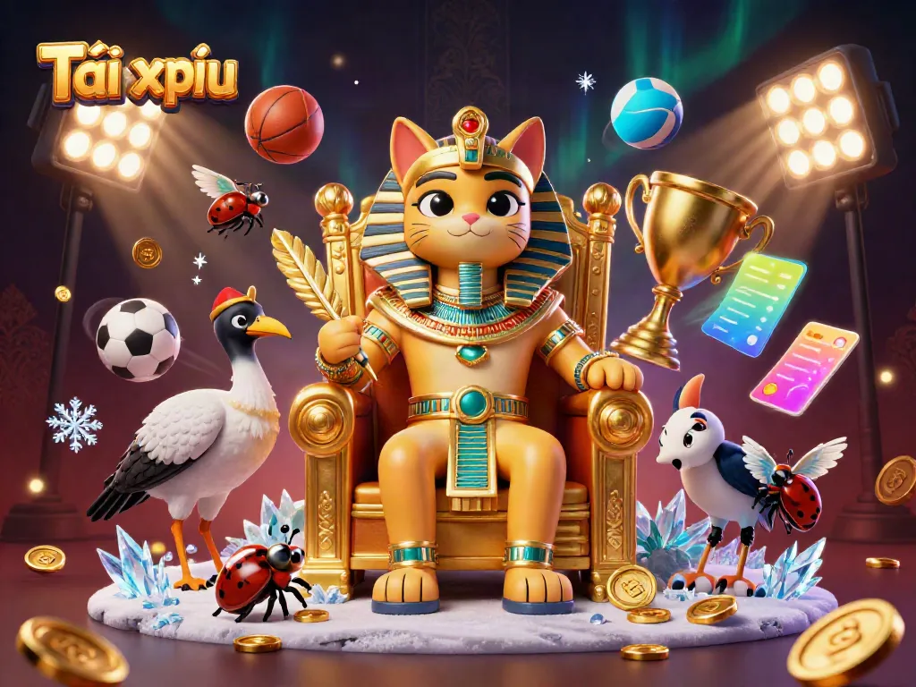 Engage in Tài xỉu gaming with an enchanting 3D illustration featuring a pharaoh cat and dynamic sports elements.