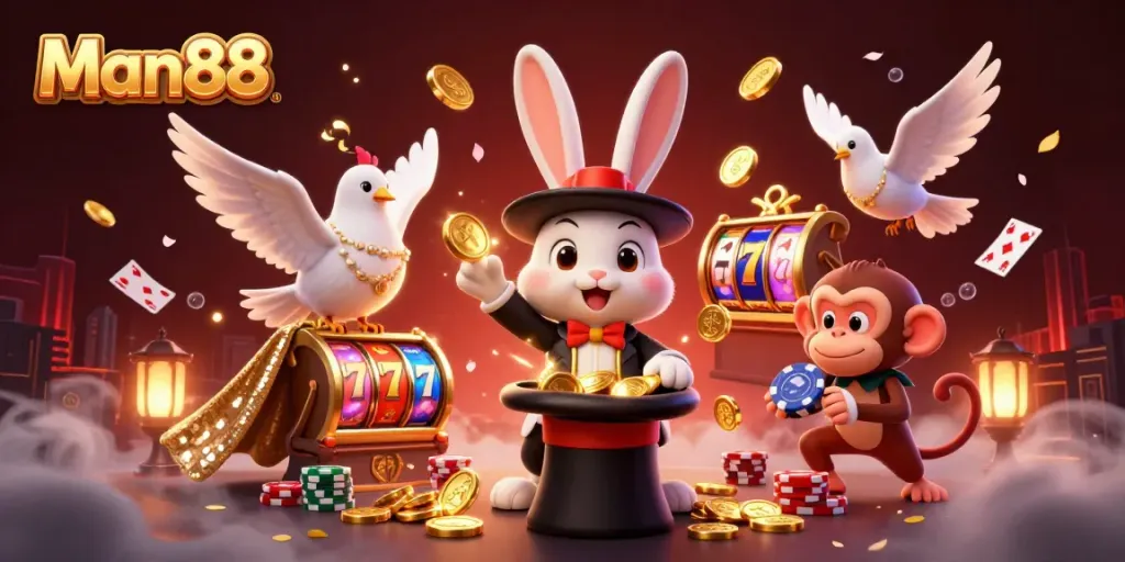 Experience the thrill of Man88 with a magical casino scene featuring vibrant characters and dynamic gaming elements.