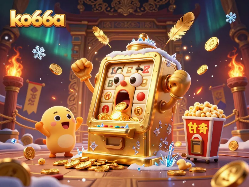 Experience the thrilling jackpot moment at ko66a with a dynamic golden slot machine character pouring coins, celebrating victory with a vibrant casino atmosphere.