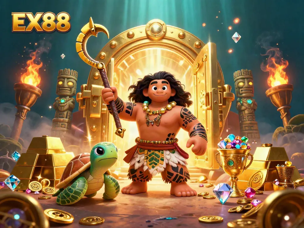 Join the excitement at EX88 with this vibrant 3D scene of treasure and casino fun!