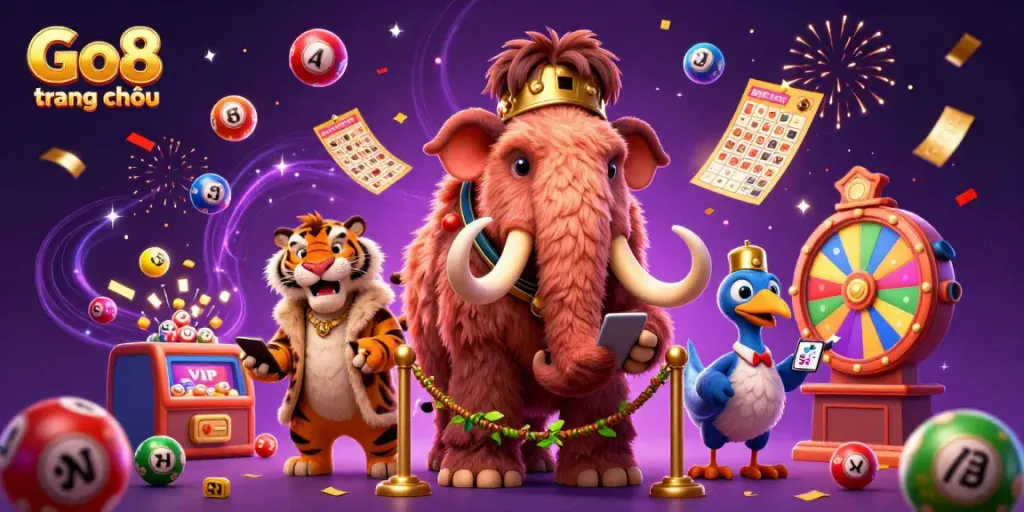 Experience the excitement at Go8 trang chủ with vibrant lottery games and 3D characters set in a lively casino scene.