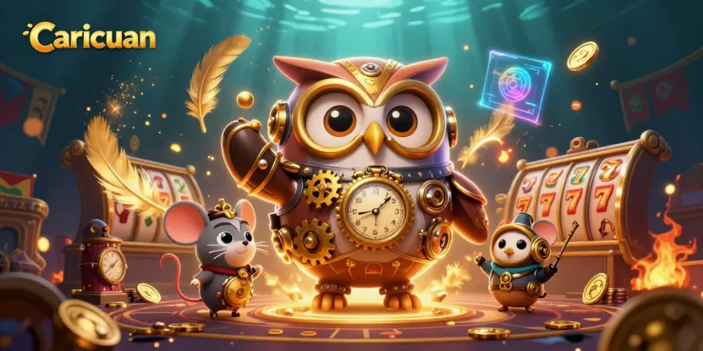 Visualisasikan tindakan bermain di caricuan, memperlihatkan slot jackpot dan elemen kasino menarik.