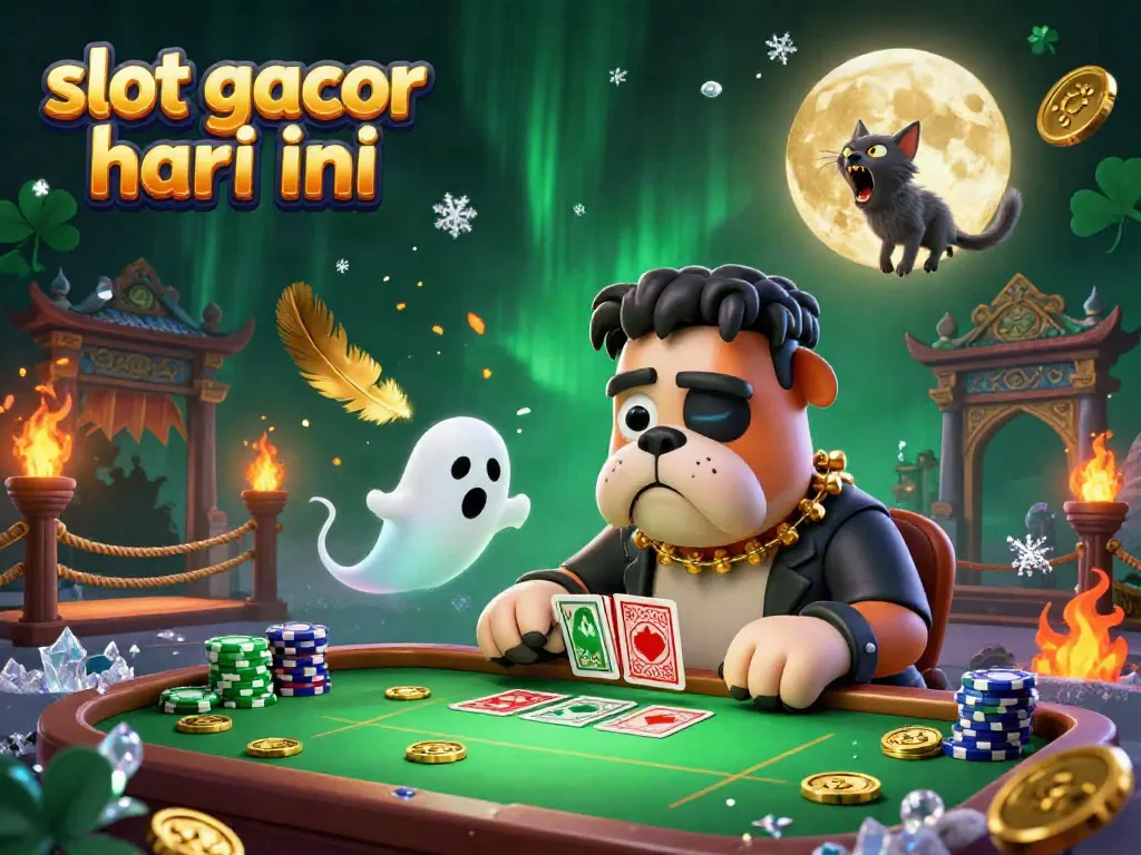 Engage with thrilling slot gacor hari ini action featuring a cartoon bulldog dealer and lively casino ambiance.