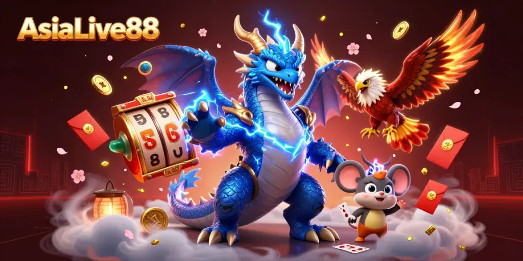 AsiaLive88 offers thrilling casino action with vibrant illustrations of characters and game elements.