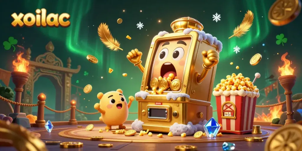 Xoilac slot machine hitting a jackpot, with cheering machines and gold coins flying.