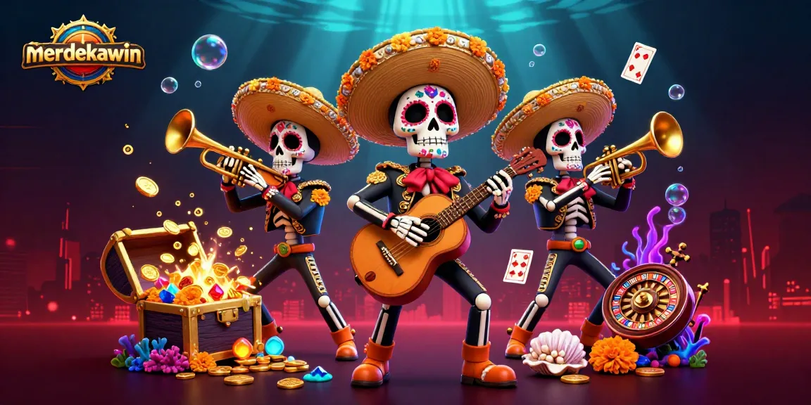 Gambarkan merdekawin dengan skeleton mariachi band yang meriah dan elemen kasino seperti roulette dan slot.