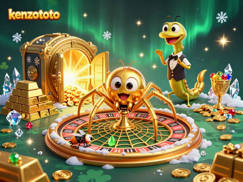 Experience the thrill of kenzototo as a golden spider spins a roulette wheel in a vibrant casino scene.