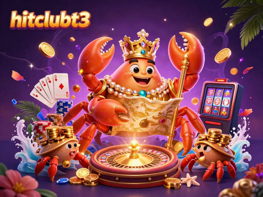 Engage in gaming action at hitclubt3, featuring a golden crab emperor amidst coins and poker elements.
