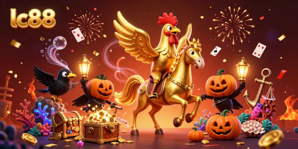 Experience the allure of lc88 with a golden rooster and vibrant casino elements, creating captivating excitement.
