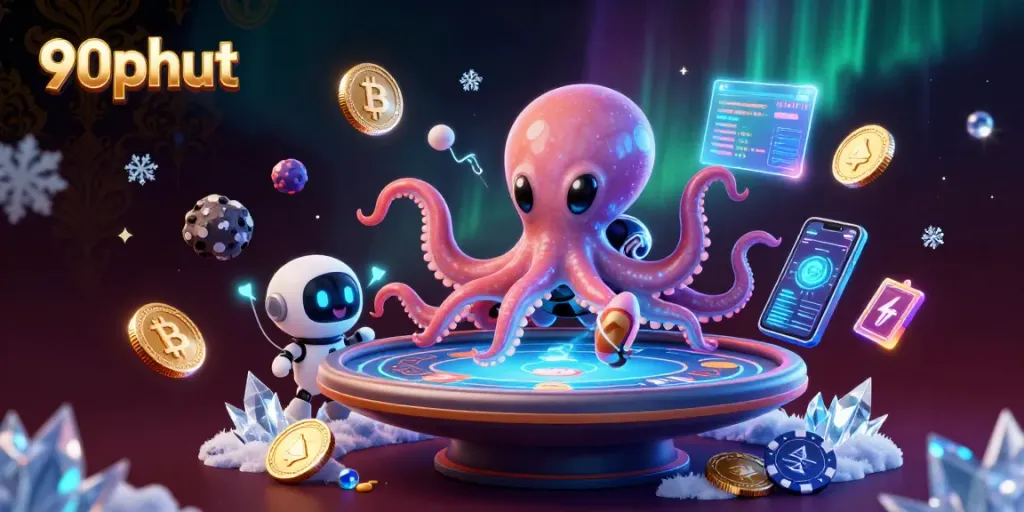 90phut features an alien octopus mastering poker at a cosmic casino with vibrant crypto elements.