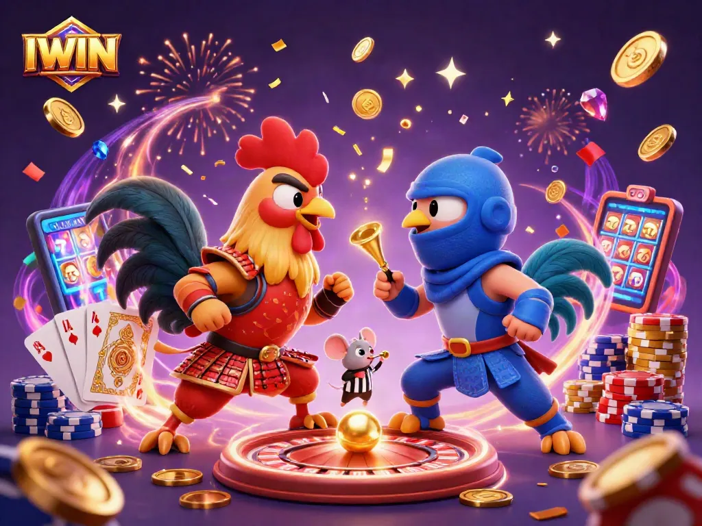 IWIN showcases an intense battle between cartoon roosters amidst casino elements and vibrant colors.