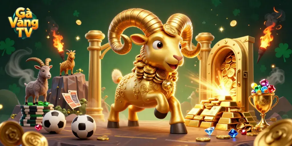 Experience thrilling bets on Gà Vàng TV as the golden ram charges through a treasure-filled casino.