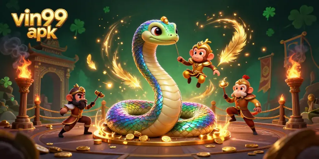 Spin to win with vin99 apk in a vibrant 3D casino featuring magical elements and friendly characters.