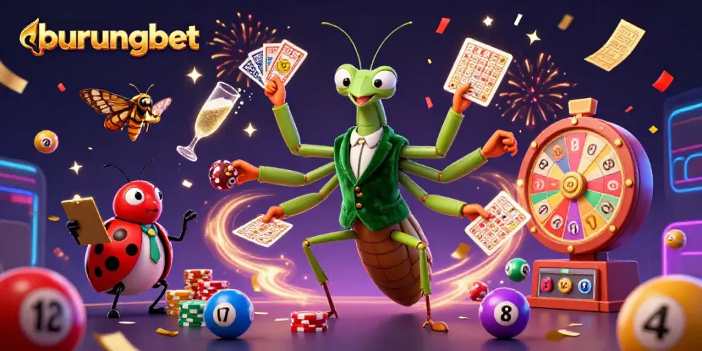 Experience the fun and excitement of burungbet as characters shuffle cards and enjoy vibrant casino elements in a 3D illustration.