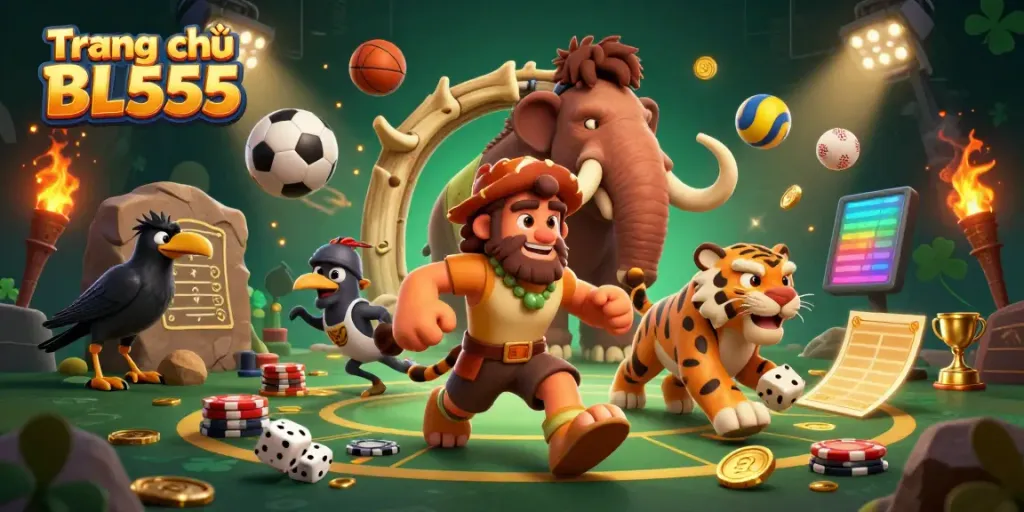 Engage with thrilling action at Trang chủ BL555, where cartoon characters and sports elements enliven a vibrant casino scene.