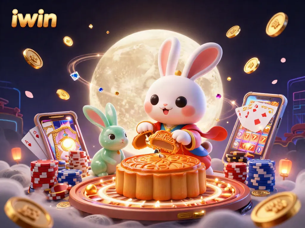 iwin moon rabbit character engages in gambling activities surrounded by rich casino elements, promoting exciting gameplay.