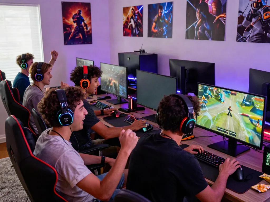 Friends enjoying kilat 404 game night, engaging in multiplayer excitement with vibrant gaming gear.